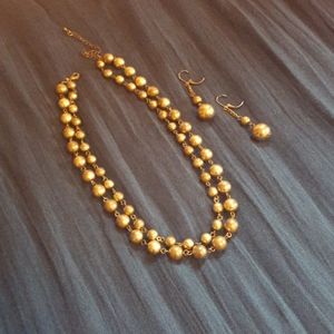 Gold-toned Bead Layered Necklace and Earring Set
